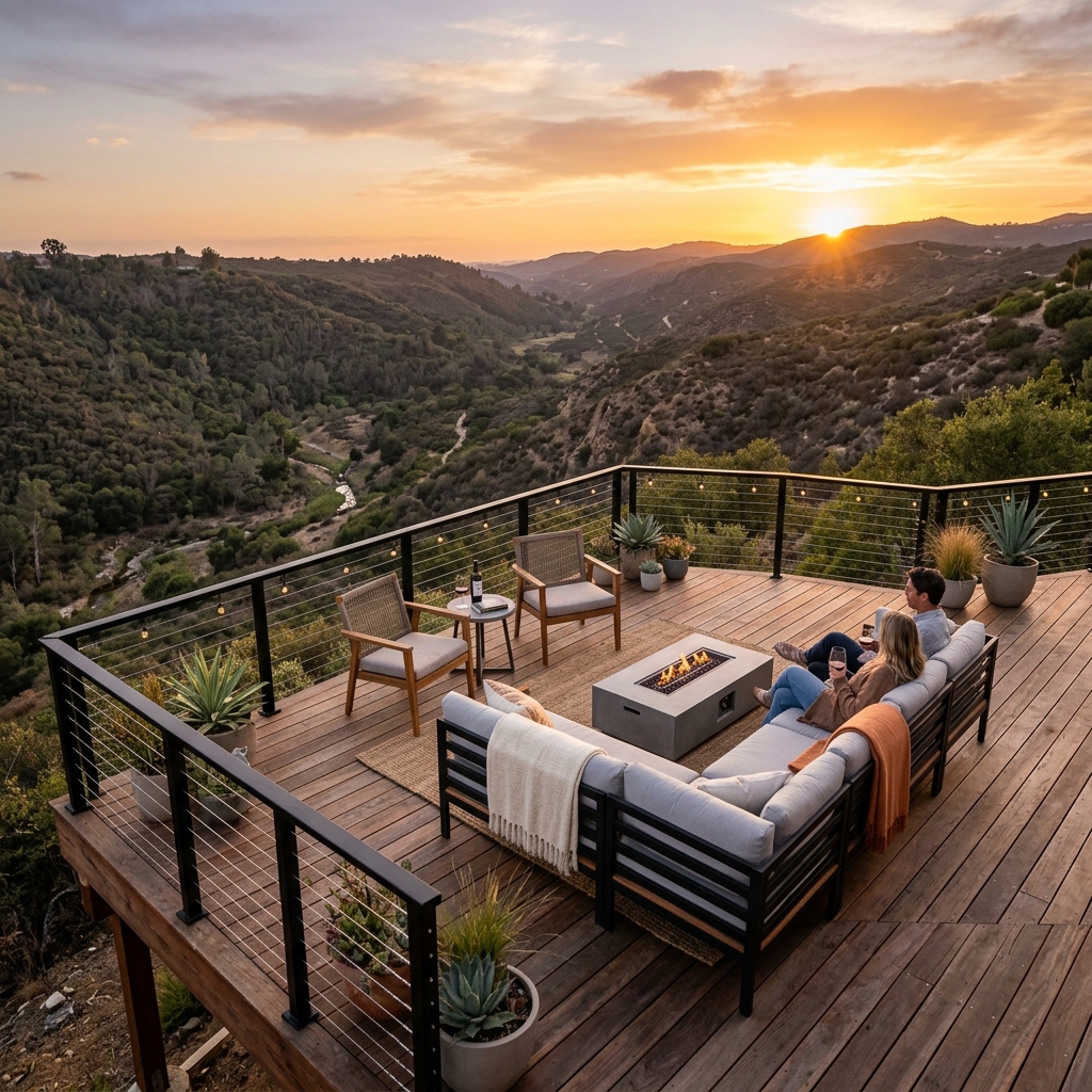 Stunning elevated redwood deck with black cable view railings overlooking a San Diego canyon