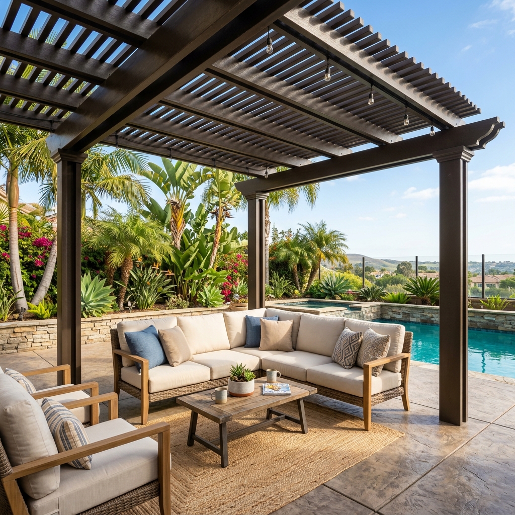 Modern Alumawood lattice patio cover over a comfortable outdoor lounge area